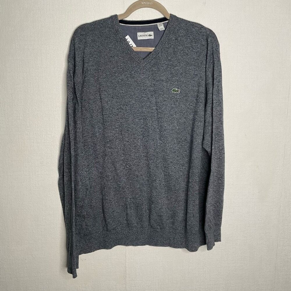 Lacoste Sweater Men’s 3XL Grey V-Neck Pullover Crocodile Logo Sweatshirt Office
